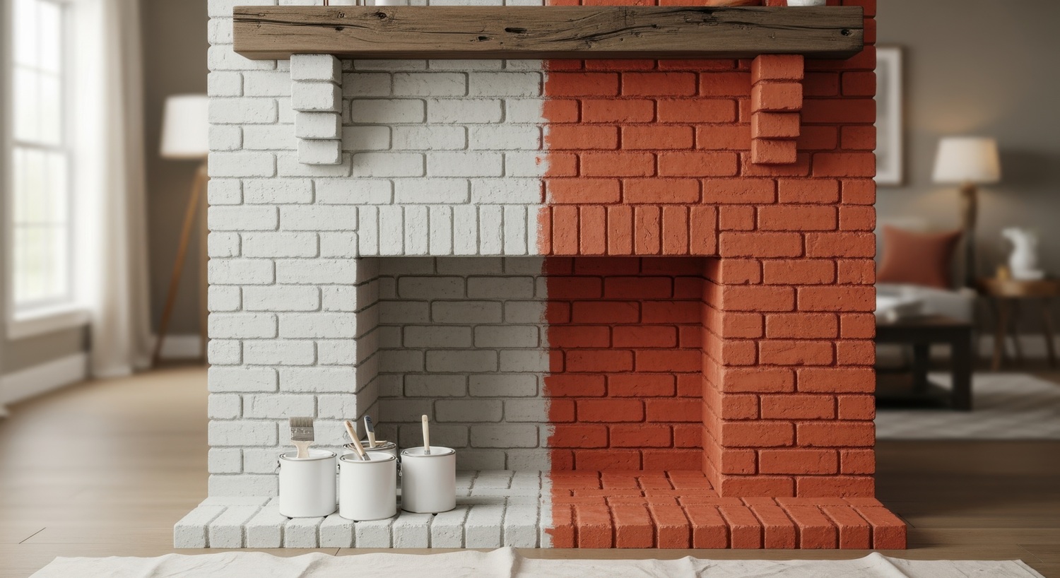 limewash painted brick fireplace in nashville home